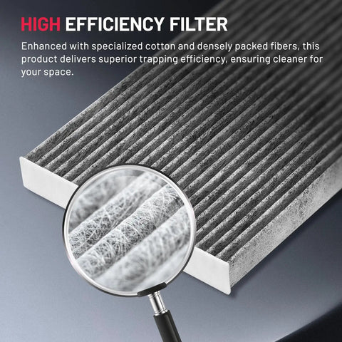 Close-up of activated carbon cabin air filter fibers emphasizing high efficiency and odor blocking for Volvo and Land Rover vehicles.