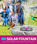 Family enjoying a garden with a Hot Pink Solar Bird Bath Fountain Pump With 4W Solar Panel, birds flying around the spray.
