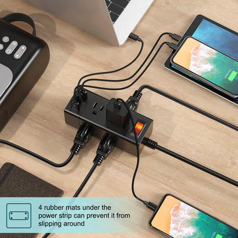 2 Pack Surge Protector Power Strip With USB C And USB A Ports, 6 Outlets, 3 USB Ports in use on desk with charging phones