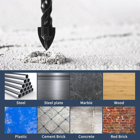 Close-up of 10 Piece Masonry Drill Bit Set With 1/4 Inch Hex Shank For Concrete Brick Tile Glass And Cement Projects in use on concrete.