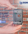 Weatherproof Metal Electrical Outlet Box With Receptacle Protector For Outdoor Use Gray 1 Gang Three Half Inch Knockouts in hand
