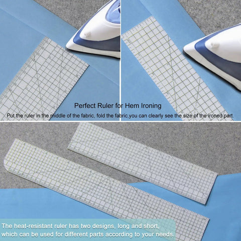 HLZC 2 Piece Hem Ruler Set For Quilting And Pressing Hems Clear Grid Markings Non-Slip Hot Iron Template Tool For Home Sewing Projects 17 And 12 Inch Sizes iron on fabric with rulers