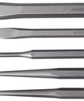 Five Piece Punch And Chisel Set With Vinyl Pouch Includes Three Eighths Inch And Five Eighths Inch Cold Chisels in a row