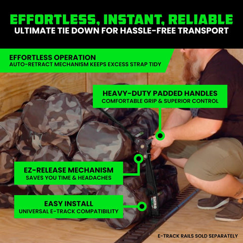 Person using E Track Retractable Ratchet Tie Downs 2 Inch By 10 Foot Heavy Duty Cargo Straps Set Of Four For Trailer Rails Self Retracting With Button Zinc Coated Ratchets American Owned Family Business on cargo.
