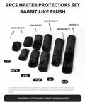 9pcs Fleece Halter Covers For Horses Set Of 9 Padded Halter Liners Black with dimensions, showing neck, chin, cheek pieces