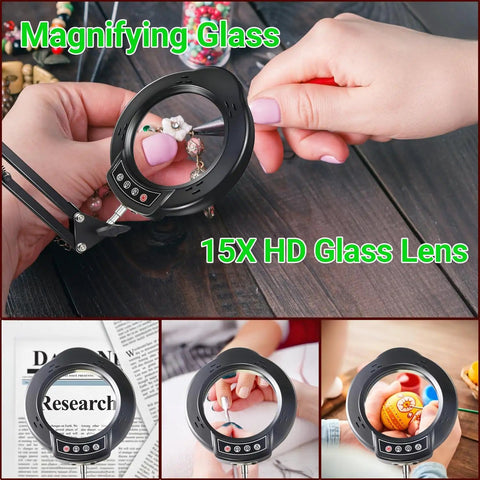 Hands using 15X Magnifying Glass With Light And Stand For Crafting, Reading, And Repair Tasks, 5 Color Modes And 10 Brightness Levels