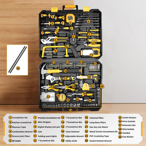 Open case displaying 218 piece home tool kit with general household hand tools set including screwdrivers, wrenches, hammer, and more for DIY repairs.