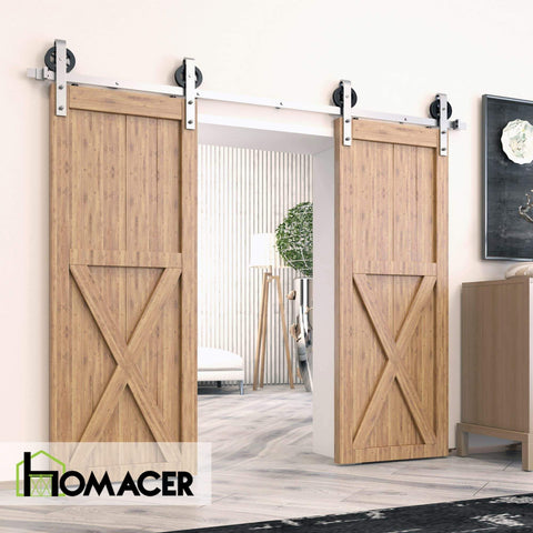 Brushed Nickel Sliding Barn Door Hardware Kit For Double Doors 7 Foot Flat Track Spoke Wheel Rollers Heavy Duty Interior Use
