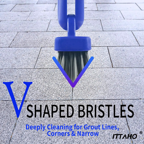 V-shaped bristles of 2 Pack Long Handle Grout Brush With 56.5 Inch Swivel V Shape Scrub Tool for cleaning tile grout lines.