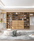 The Real Deal Modular Closet System 96 Inch Wall Mounted Organizer Made From Sturdy Wood With Adjustable Shelves Spacious Drawers And Versatile Hanging Options showcases organized storage with clothes, shoes, and accessories.
