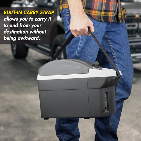 Compact 6 Quart Thermoelectric Cooler And Warmer For Car Rv And Truck, portable mini fridge with carry strap being held.