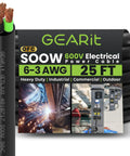 Heavy Duty 25 Ft 6 Gauge 3 Conductor SOOW Portable Power Cable, 600V Rubber Cord packaging showing industrial uses