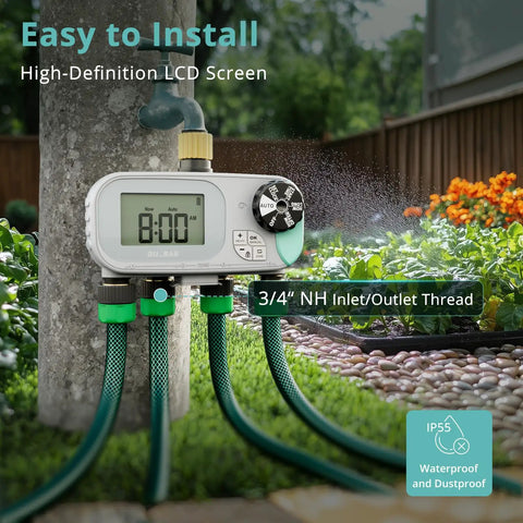 No Fuss All In One Sprinkler Timer For Garden Hose With Child Lock Programmable Brass Digital Water Timer 4 Zone in use