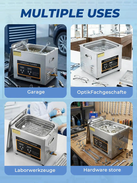 Heavy Duty Ultrasonic Cleaner With Built In Heater And Digital Timer Stainless Steel 10 Gallon Basin in garage, optics shop, and hardware store.