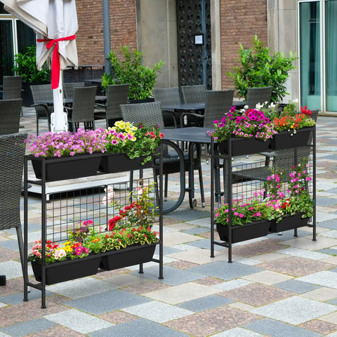 32 Inch Tall Elevated Raised Garden Bed With Trellis And Sturdy Legs For Vertical Outdoor Gardening In Black on a patio