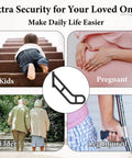 Heavy Duty U Shaped Handrails For Outdoor Steps Built From Solid Wrought Iron With Black Powder Coat shown assisting kids, pregnant, elderly, and leg injured.