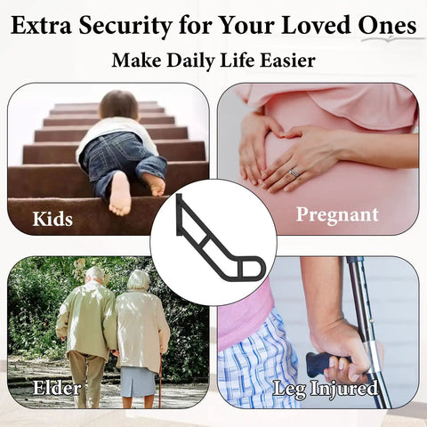 Heavy Duty U Shaped Handrails For Outdoor Steps Built From Solid Wrought Iron With Black Powder Coat shown assisting kids, pregnant, elderly, and leg injured.