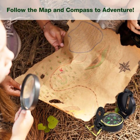 Children using a magnifying glass to explore a treasure map with a compass, part of an Outdoor Adventure Kit For Kids With Walkie Talkies, Binoculars, And Magnifying Glass, Kid Friendly Explorer Gear For Camping, Hiking, And Backyard Fun, Creative And Educational Play Set For Boys And Girls.