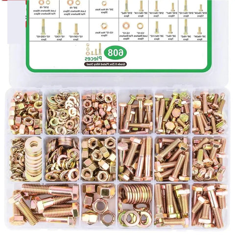 Heavy Duty Hex Nuts And Bolts 608 Piece Kit With Washers Rust Resistant Finish showing assorted nuts, bolts, and washers in clear organizer.
