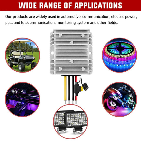 Beefy 48V To 12V Converter 240W 20A Waterproof Regulator with aluminum shell and wires, applications in vehicles and lighting.