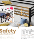 Child climbing on Rock Solid Twin Over Full Bunk Bed With Heavy Duty Steel Frame, showcasing safety features and guardrails.