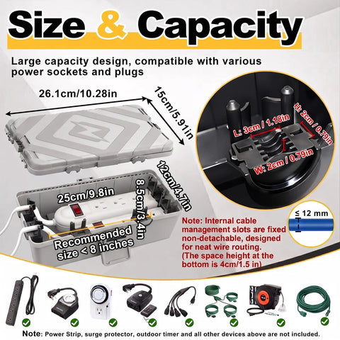 Medium Grey Weatherproof Outdoor Electrical Box IP54 Waterproof Extension Cord Cover for cord storage dimensions 26.1cm x 15cm.