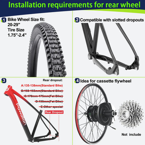 Installation requirements for rear wheel of 48V 500W Electric Hub Motor Kit for Bicycles with tire and dropout compatibility chart.