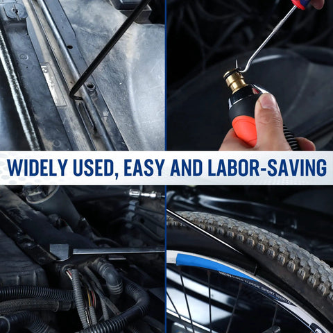 9 Piece Precision Pick And Hook Set With Scraper For Auto And Electronics in use on car engine and bicycle tire