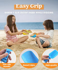 Colorful Beach Shovels For Kids Set Of 4 Durable Plastic Sandbox Toys used by two children playing on the beach.