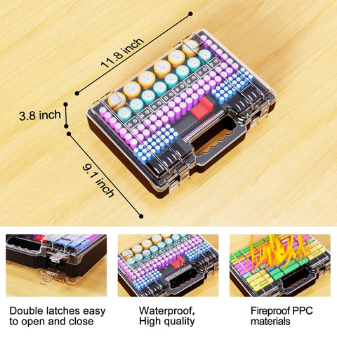 Big Ol Ultra Large Double Sided Battery Organizer Case With Tester And Handle Stores AA AAA C D 9V Lithium 18650 And More 262 Plus Capacity BT 168 Battery Checker, 11.8 x 9.1 x 3.8 inch case