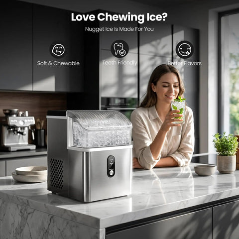Solid Countertop Nugget Ice Maker Goes Hard On Rapid Cooling Spits Out Hella Chewable Pebble Chunks Quickly Generates Thirty Five Pounds Daily For Any Setup on kitchen counter with ice and woman holding a drink.