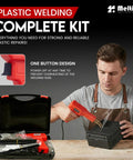 Man using powerful 220W plastic welder kit for car bumper repair with 2 in 1 hot stapler and welding gun, includes staples and rods.