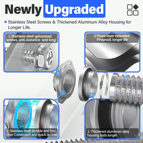 Components of Magnetic Dryer Vent Connector Kit MV 180 with stainless steel screws and aluminum alloy housing for tight spaces.