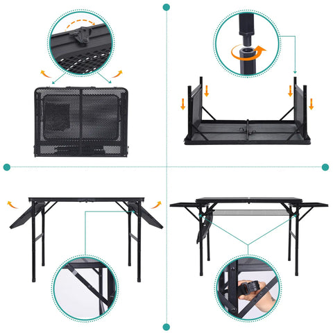 Folding Grill Table For Camping And Tailgating, Adjustable Height And Width, Metal Frame With Mesh Net, Flip Up Side Tables shown in detail.