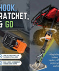 Mini G3 Retractable Ratchet Straps With Dual S Hooks, 1400 Lbs Break Strength shown securing ATV with auto tension.