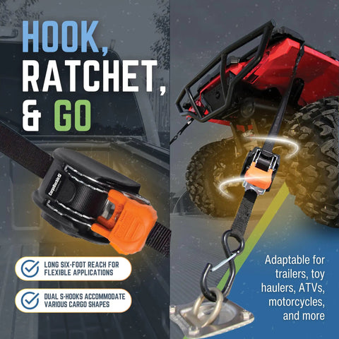 Mini G3 Retractable Ratchet Straps With Dual S Hooks, 1400 Lbs Break Strength shown securing ATV with auto tension.