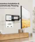 9 Inch In Wall Media Box Recessed Cable Management Kit For TV Wire Organization And AV Component Storage Keeps Your Whole Crib Slick By Concealing Every Single Ugly Cord Behind The Drywall Flawlessly installed behind a flat-screen TV with cables organized.