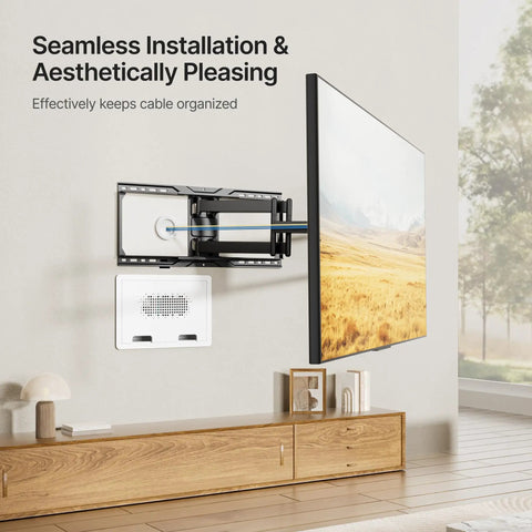 9 Inch In Wall Media Box Recessed Cable Management Kit For TV Wire Organization And AV Component Storage Keeps Your Whole Crib Slick By Concealing Every Single Ugly Cord Behind The Drywall Flawlessly installed behind a flat-screen TV with cables organized.