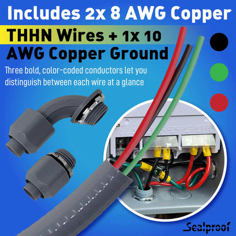 Power Whip Assembly For Three Quarter Inch Conduit, Six Foot Nonmetallic Liquid Tight Flexible Electrical Conduit With Eight Gauge THHN Wire, Single Phase Preassembled Air Conditioning Hook Up Kit, Outdoor Ready UL Listed with color-coded THHN wires and connectors.