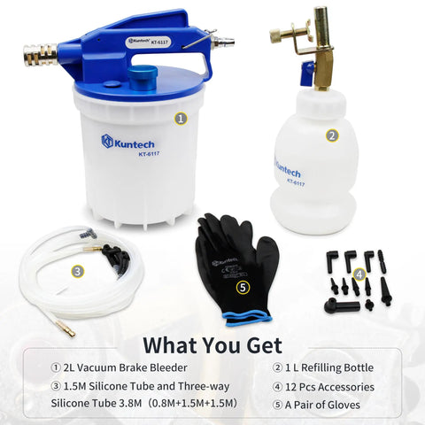 One Person Pneumatic Vacuum Brake Bleeder Kit with 2L Fluid Extractor and 1L Refilling Bottle displayed with accessories.