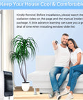 Couple on sofa using portable window AC with 5.9 inch hose adapter, showing vent kit in a comfortable living room setting.