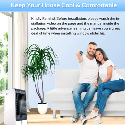 Couple on sofa using portable window AC with 5.9 inch hose adapter, showing vent kit in a comfortable living room setting.