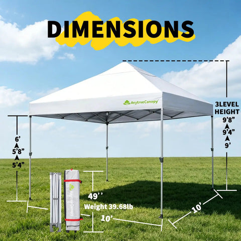 10x10 Pop Up Canopy Tent With Wheeled Bag Instant Setup No Fuss Waterproof Outdoor Shade Shelter measurements in open field