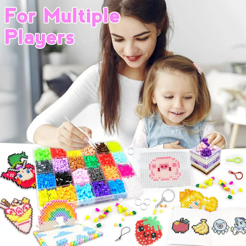 Ultimate 5mm Fuse Beads Kit For Kids Crafts With 48 Colors, woman and child crafting with beads, includes pegboards and templates