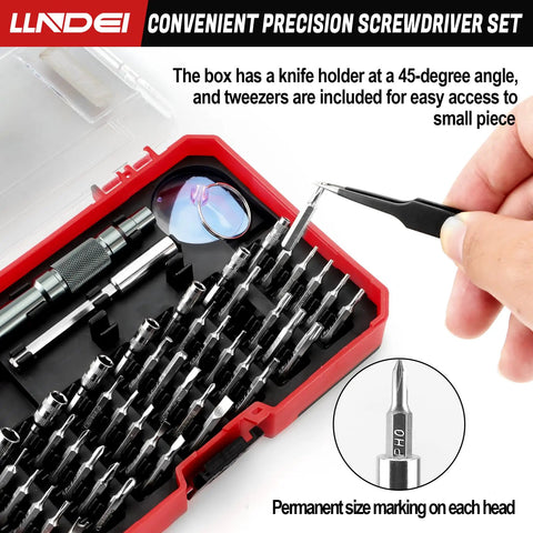 Hand holding tweezer from 47 In 1 Precision Electronics Screwdriver Set for Phones Laptops MacBooks and Tablets with 42 Bits
