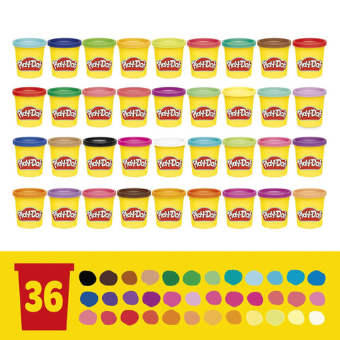 Ultimate Super Bulk Haul Of Non Toxic Modeling Compound 36 Bright Shades 3 Oz Tin Cans showcasing colorful Play-Doh containers.