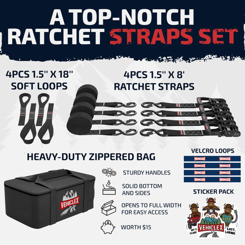 Beefed Up Heavy Duty Motorcycle Tie Down Straps Kit 1.5 Inch Wide By 8 Feet With Soft Loops 4400 Pound Break Strength Locking Ratchet