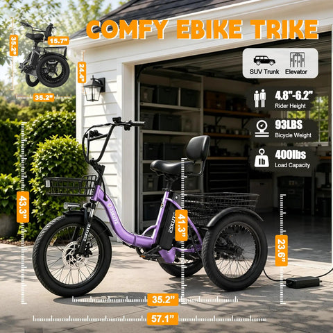 Electric Tricycle For Adults With 1200W Peak Motor Foldable E Trike 48V 13Ah Battery Fat 18x3 Tires 3 Wheel Step Through Ebike With Basket Sweet Ride Easy Mount Up To 65 Miles And 18 MPH, purple frame with basket