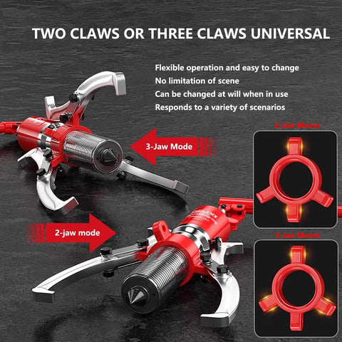 Heavy Duty Hydraulic Gear Puller With Adjustable Two Or Three Jaws And A Rock Solid 20 Ton Capacity showing 2-jaw and 3-jaw modes.