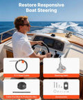 Boat Steering System Kit With 17 Ft Outboard Steering Cable And Aluminum Alloy Helm shown with components and installation.
